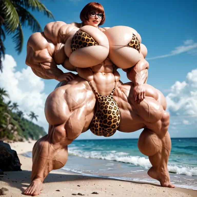 Velma, hyper massive muscles female, hyper massive muscles buffet, hyper gigantic massive muscles mass, hyper giant muscles, hyper muscle tank, pectorales, Leopard Print bikini, futa bigger long cock bulge, beach