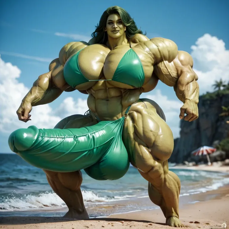 She hulk, hyper massive muscles female, hyper massive muscles buffet, hyper gigantic massive muscles mass, hyper giant muscles, hyper muscle tank, pectorales, bikini, futa bigger long cock bulge, beach