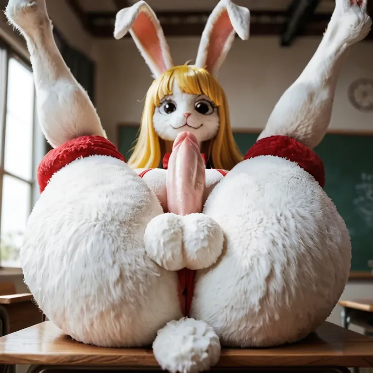 One piece, bunny, furry, white fur, yellow hair, school,big ass,futa,legs up,cute face,taker pov