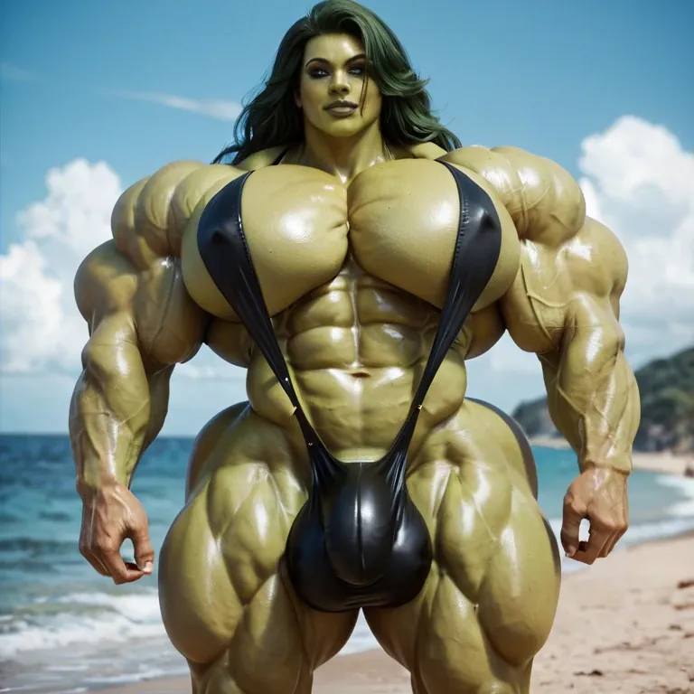 She hulk, hyper massive muscles female, hyper massive muscles buffet, hyper gigantic massive muscles mass, hyper giant muscles, pectorales, pecs, sling bikini, futa bigger long cock bulge, beach