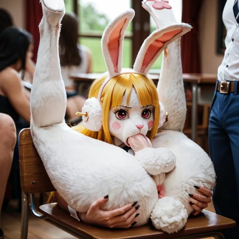 One piece, bunny, furry, white fur, yellow hair, school,big ass,futa,legs up,cute face,,people, AuTofellatio