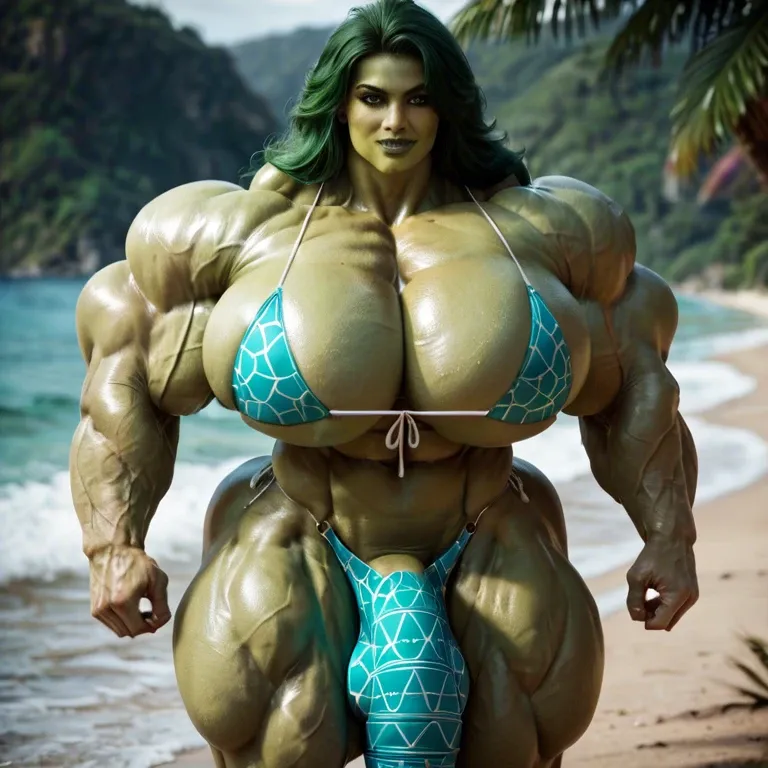 She hulk, hyper massive muscles female, hyper massive muscles buffet, hyper gigantic massive muscles mass, hyper giant muscles, hyper muscle tank, pectorales, futa bigger long cock print bikini bulge, beach