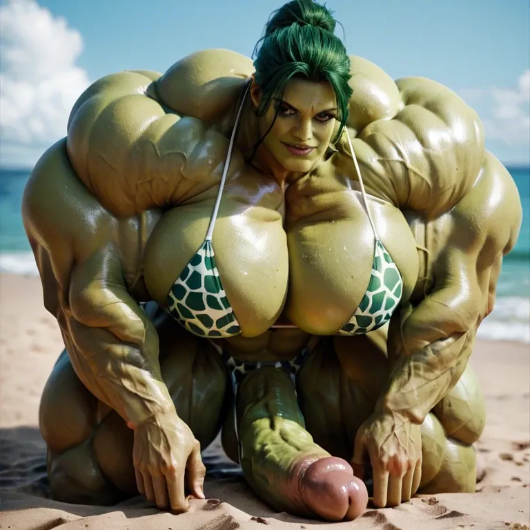 She hulk, hyper massive muscles female, hyper massive muscles buffet, hyper gigantic massive muscles mass, hyper giant muscles, hyper muscle tank, pectorales, futa bigger long cock print bikini, beach