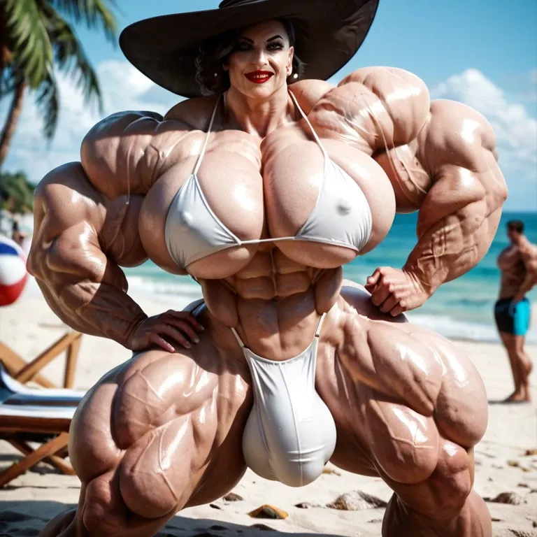 alcina dimitrescu, hyper massive muscles female, hyper massive muscles buffet, hyper gigantic massive muscles mass, hyper giant muscles, hyper muscle tank, pectorales, bikini, futa bigger long cock bulge, beach