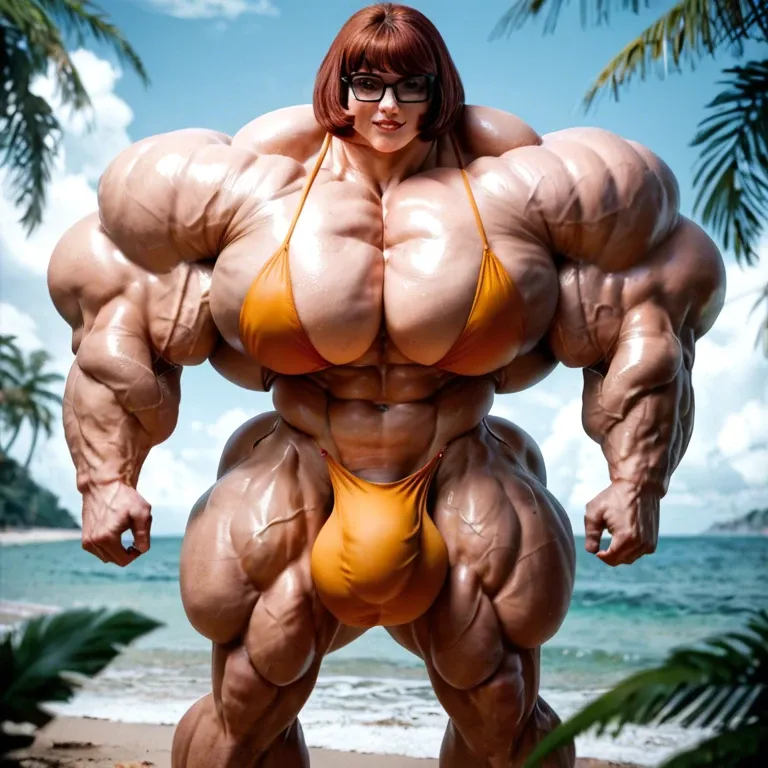 Velma, hyper massive muscles female, hyper massive muscles buffet, hyper gigantic massive muscles mass, hyper giant muscles, hyper muscle tank, pectorales, bikini, futa bigger long cock bulge, beach