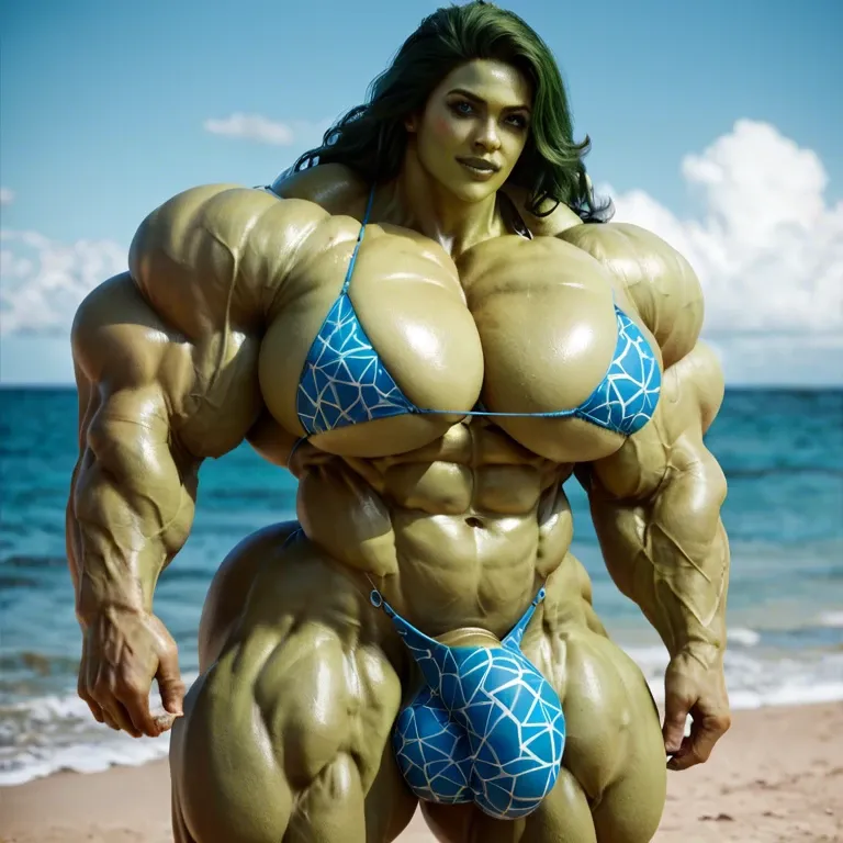 She hulk, hyper massive muscles female, hyper massive muscles buffet, hyper gigantic massive muscles mass, hyper giant muscles, hyper muscle tank, pectorales, futa bigger long cock bulge print bikini, beach