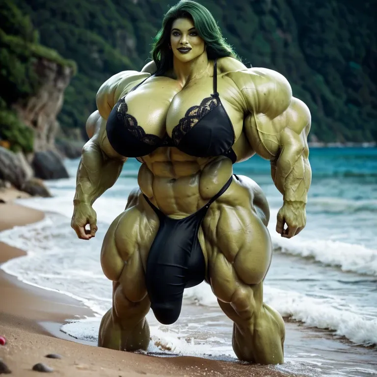 She hulk, hyper massive muscles female, hyper massive muscles buffet, hyper gigantic massive muscles mass, hyper giant muscles, hyper muscle tank, pectorales, futa bigger long cock bulge , beach, black lingerie, stocking, monsters, double penetration gangbang, black hyper gigantic cock:1.3), black veiny cock, extreme oversized cocks, black mutated cocks, huge monsters with big dicks, Brutal gangbang