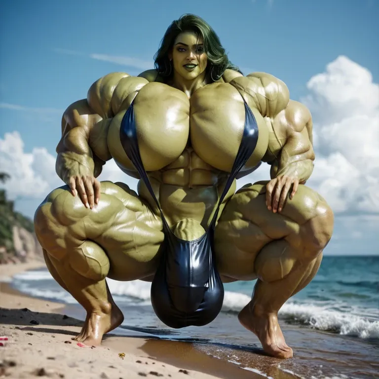 She hulk, hyper massive muscles female, hyper massive muscles buffet, hyper gigantic massive muscles mass, hyper giant muscles, pectorales, pecs, sling bikini, futa bigger cock bulge, beach