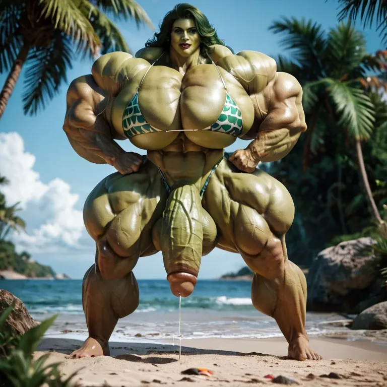 She hulk, hyper massive muscles female, hyper massive muscles buffet, hyper gigantic massive muscles mass, hyper giant muscles, hyper muscle tank, pectorales, futa bigger long cock print bikini bulge, beach