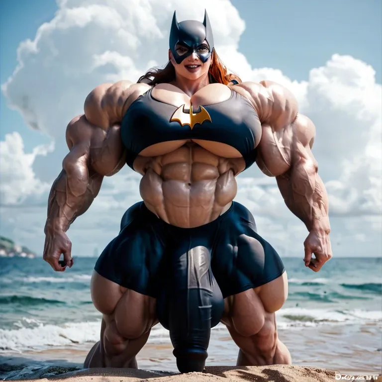 Batgirl, hyper massive muscles female, hyper massive muscles buffet, hyper gigantic massive muscles mass, hyper giant muscles, hyper muscle tank, pectorales female, penis print in boxeur, futa bigger long cock bulge, beach