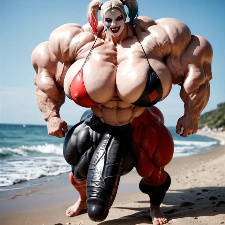 harley quinn, hyper massive muscles female, hyper massive muscles buffet, hyper gigantic massive muscles mass, hyper giant muscles, pectorales, penis print in boxeur, futa bigger long cock bulge, beach