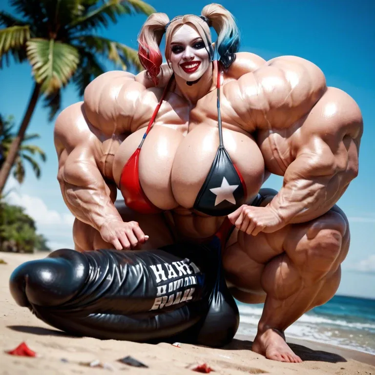 harley quinn, hyper massive muscles female, hyper massive muscles buffet, hyper gigantic massive muscles mass, hyper giant muscles, hyper muscle tank, pectorales female, penis print in boxeur, futa bigger long cock bulge, beach