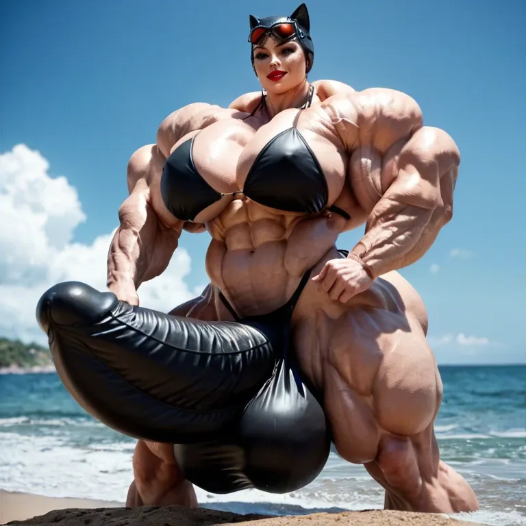 Catwoman, hyper massive muscles female, hyper massive muscles buffet, hyper gigantic massive muscles mass, hyper giant muscles, hyper muscle tank, pectorales female, penis print in boxeur, futa bigger long cock bulge, beach