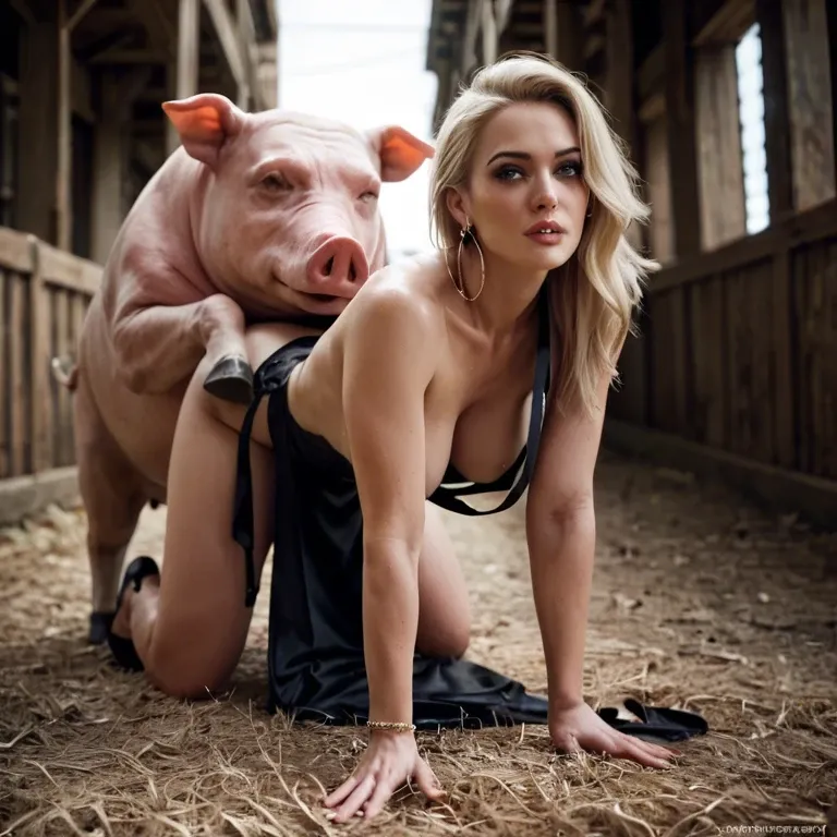 Pig, zoophilia, doggystyle, blonde woman, untied dress