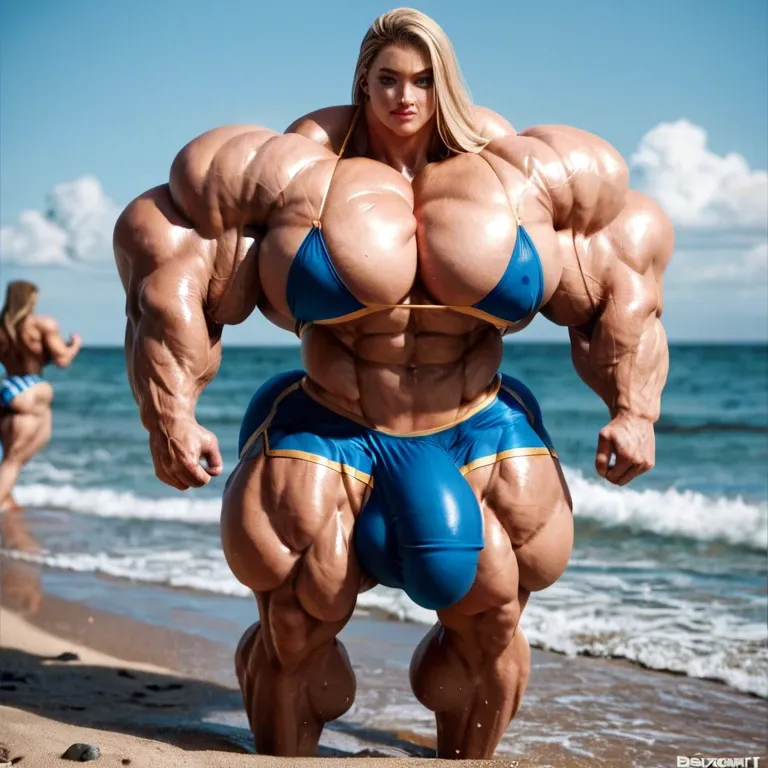 Supergirl, hyper massive muscles female, hyper massive muscles buffet, hyper gigantic massive muscles mass, hyper giant muscles, hyper muscle tank, pectorales female, penis print in boxeur, futa bigger long cock bulge, beach