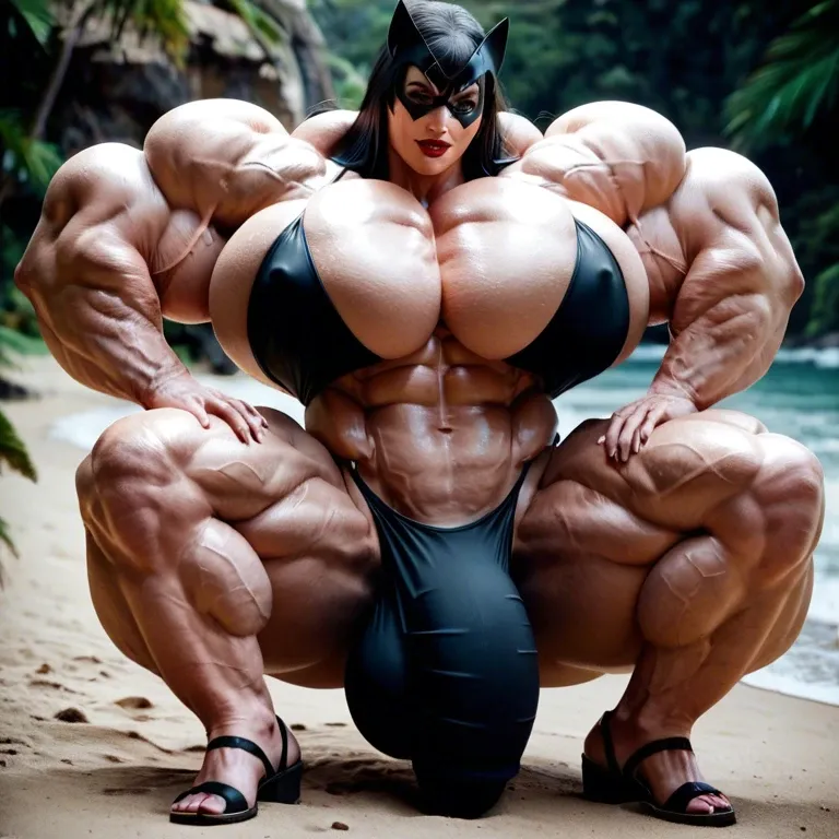 Batwoman, hyper massive muscles female, hyper massive muscles buffet, hyper gigantic massive muscles mass, hyper giant muscles, hyper muscle tank, pectorales female, penis print in boxeur, futa bigger long cock bulge, beach