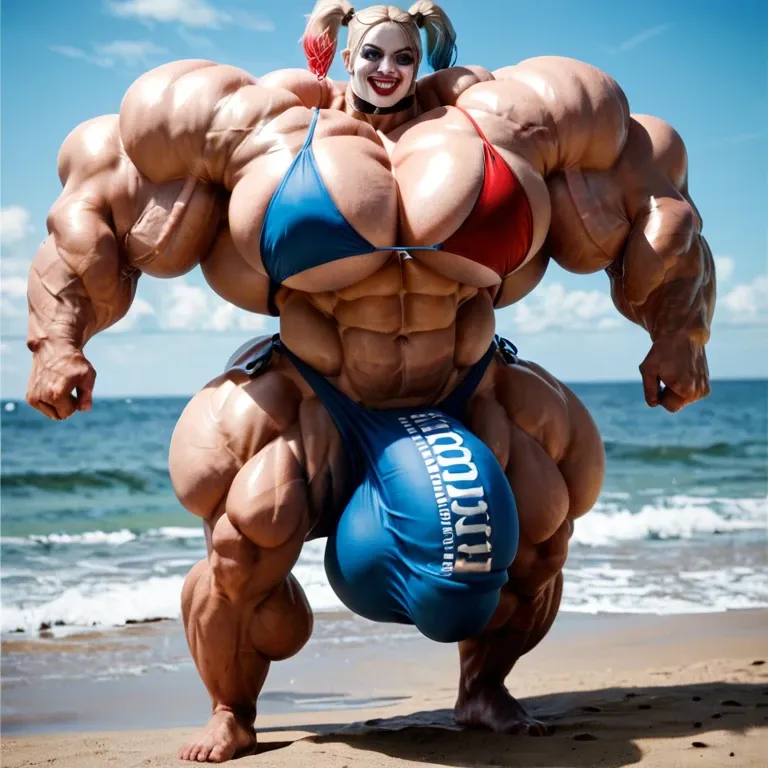 harley quinn, hyper massive muscles female, hyper massive muscles buffet, hyper gigantic massive muscles mass, hyper giant muscles, hyper muscle tank, pectorales, penis print in boxeur, futa bigger long cock bulge, beach