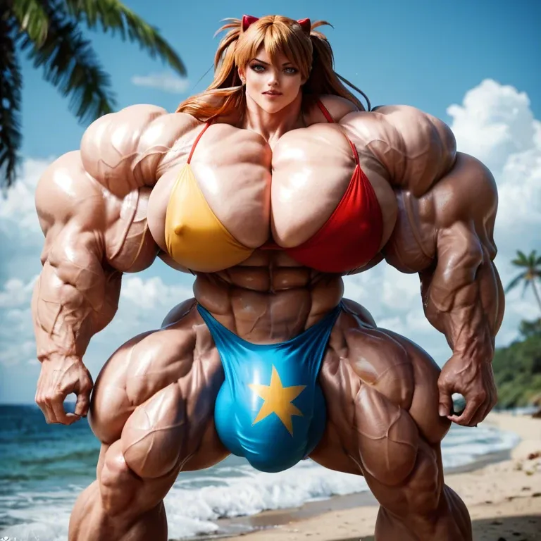 Asuka Langley Soryu, hyper massive muscles female, hyper massive muscles buffet, hyper gigantic massive muscles mass, hyper giant muscles, pectorales, penis print in boxeur, futa bigger long cock bulge, beach