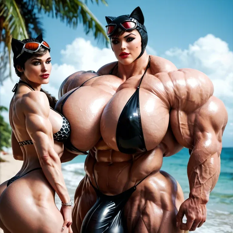 Catwoman, hyper massive muscles female, hyper massive muscles buffet, hyper gigantic massive muscles mass, hyper giant muscles, hyper muscle tank, pectorales female, penis print in boxeur, futa bigger long cock bulge, beach