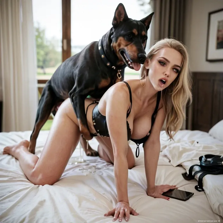 Blonde woman, zoophilia,doggystyle, black dog, talking the phone, cum while penetrate,untied bustier