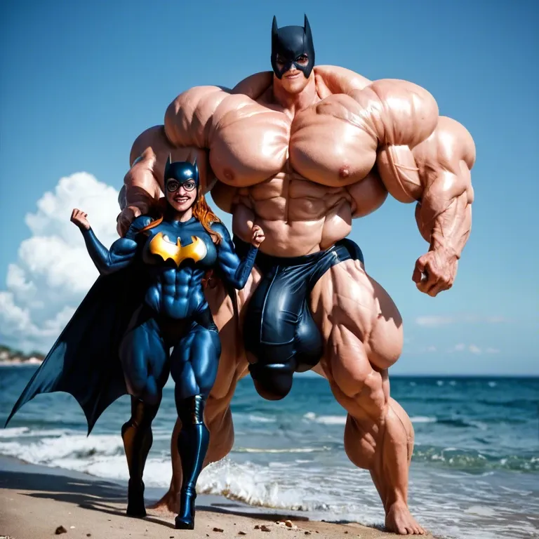 Batgirl, hyper massive muscles female, hyper massive muscles buffet, hyper gigantic massive muscles mass, hyper giant muscles, hyper muscle tank, pectorales female, penis print in boxeur, futa bigger long cock bulge, beach