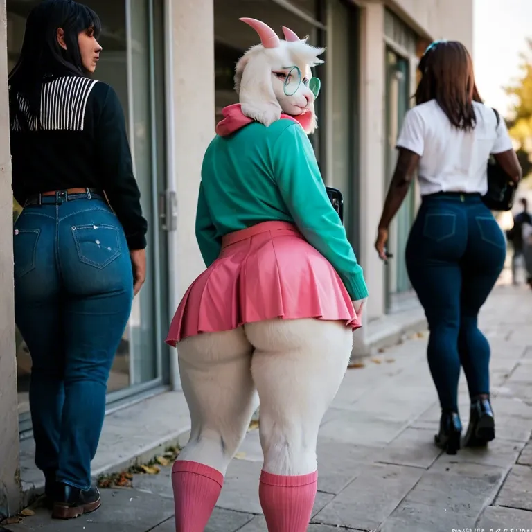 Ralsei deltarune, goat, furry, white fur, femboy,big ass,skirt,shirt,cheeks,school,people