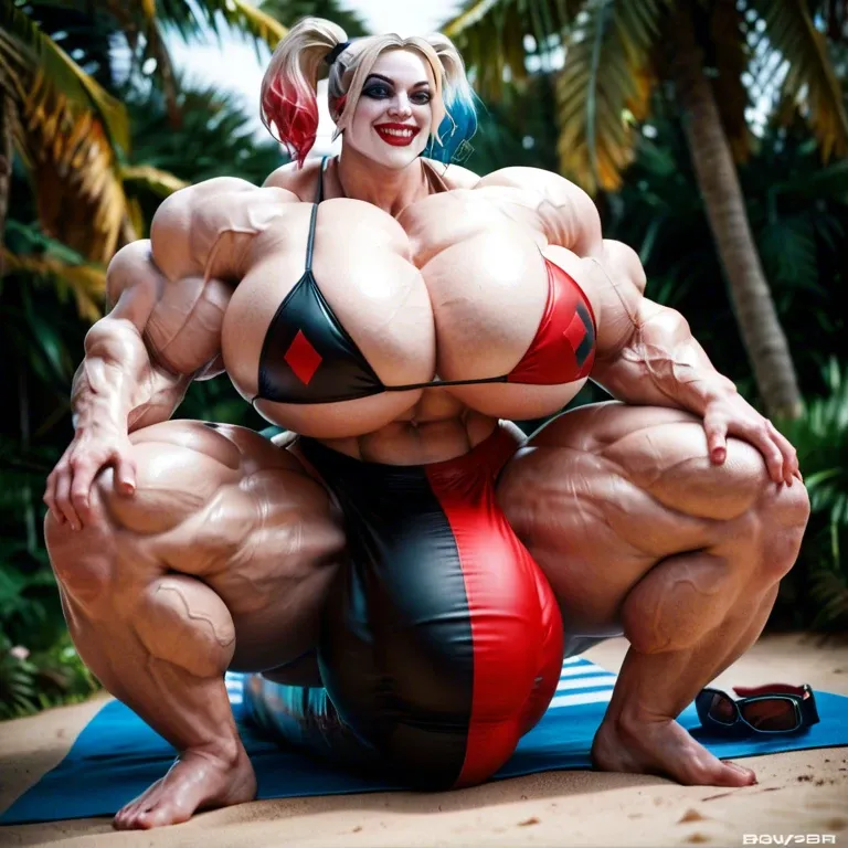 harley quinn, hyper massive muscles female, hyper massive muscles buffet, hyper gigantic massive muscles mass, hyper giant muscles, hyper muscle tank, pectorales female, penis print in boxeur, futa bigger long cock bulge, beach