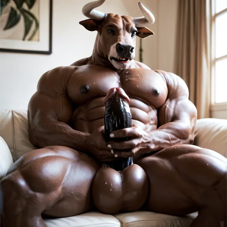 Bull, solo, masturbation, muscles, big balls, anthropomorphic, furry, musky