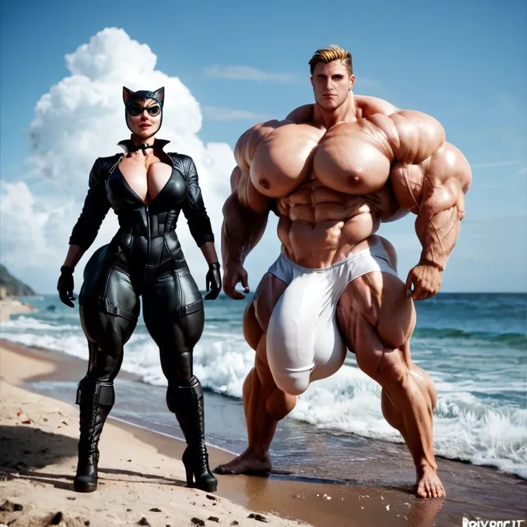 Catwoman, hyper massive muscles female, hyper massive muscles buffet, hyper gigantic massive muscles mass, hyper muscle tank, pectorales female, penis print in boxeur, futa bigger long cock bulge, beach