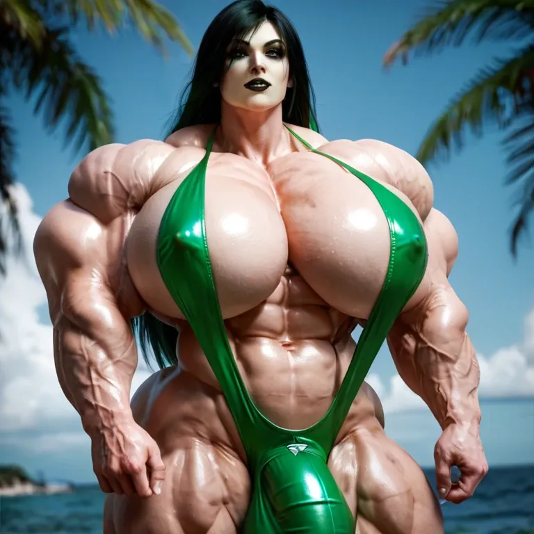 Shego, hyper massive muscles female, hyper massive muscles buffet, hyper gigantic massive muscles mass, hyper giant muscles, hyper muscle tank, nude pectorales, penis print in sling bikini, futa bigger long cock bulge, beach