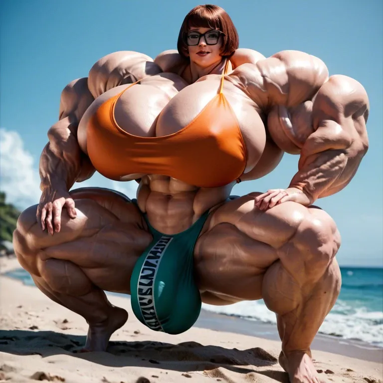 Velma, hyper massive muscles female, hyper massive muscles buffet, hyper gigantic massive muscles mass, hyper giant muscles, hyper muscle tank, pectorales female, penis print in boxeur, futa bigger long cock bulge, beach