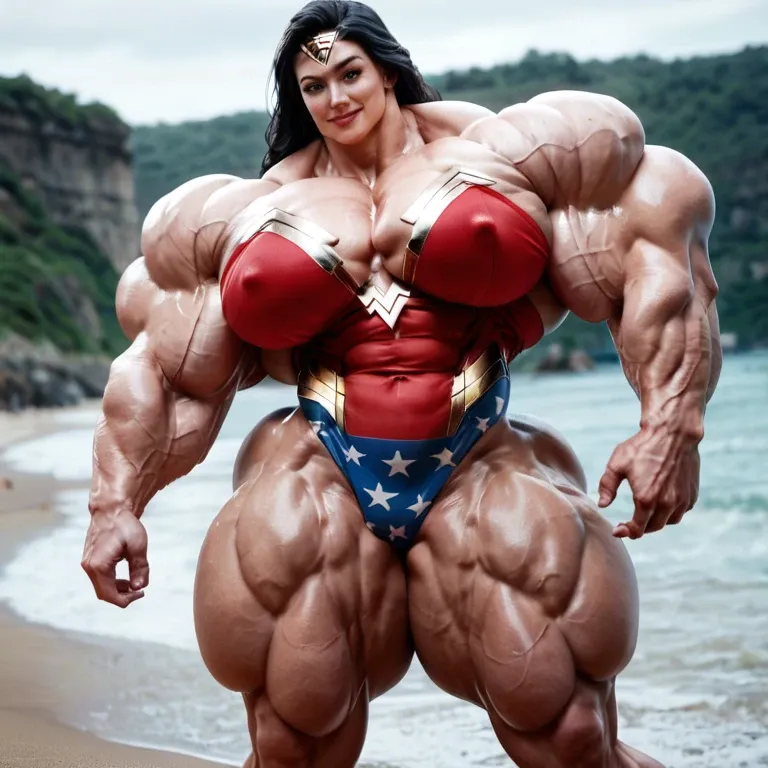 Wonder woman, hyper massive muscles female, hyper massive muscles buffet, hyper gigantic massive muscles mass, hyper giant muscles, hyper muscle tank, pectorales female, clitoris print in boxeur, bulge, beach