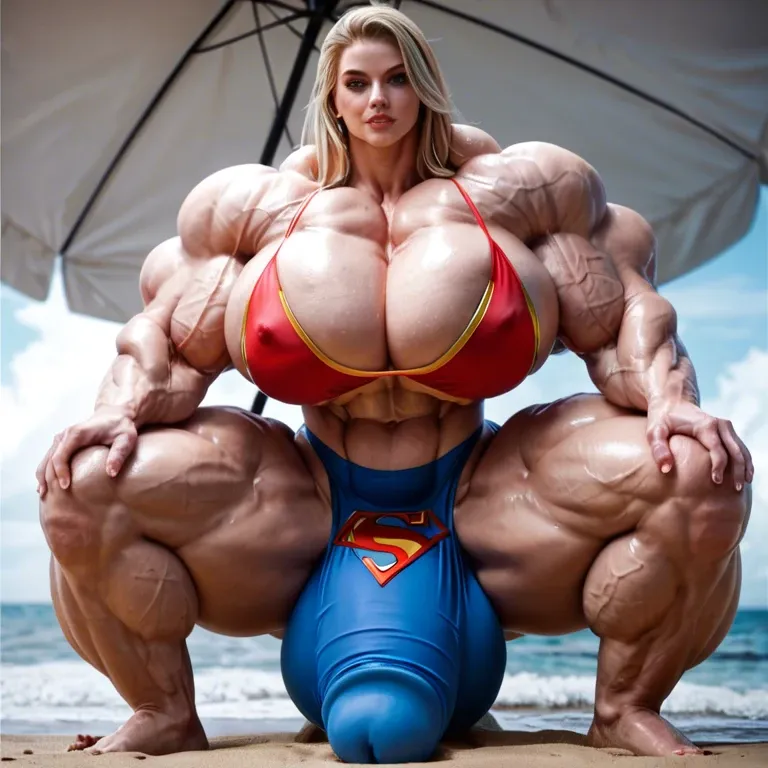 Supergirl, hyper massive muscles female, hyper massive muscles buffet, hyper gigantic massive muscles mass, hyper giant muscles, hyper muscle tank, pectorales female, penis print in boxeur, futa bigger long cock bulge, beach