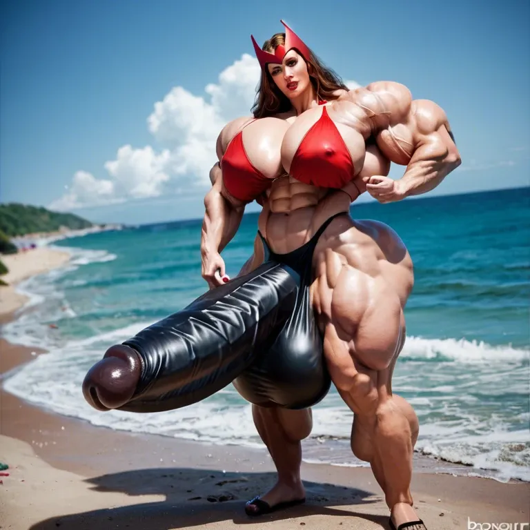 Scarlet Witch, hyper massive muscles female, hyper massive muscles buffet, hyper gigantic massive muscles mass, pectorales female, penis print in boxeur, futa bigger long cock bulge, beach