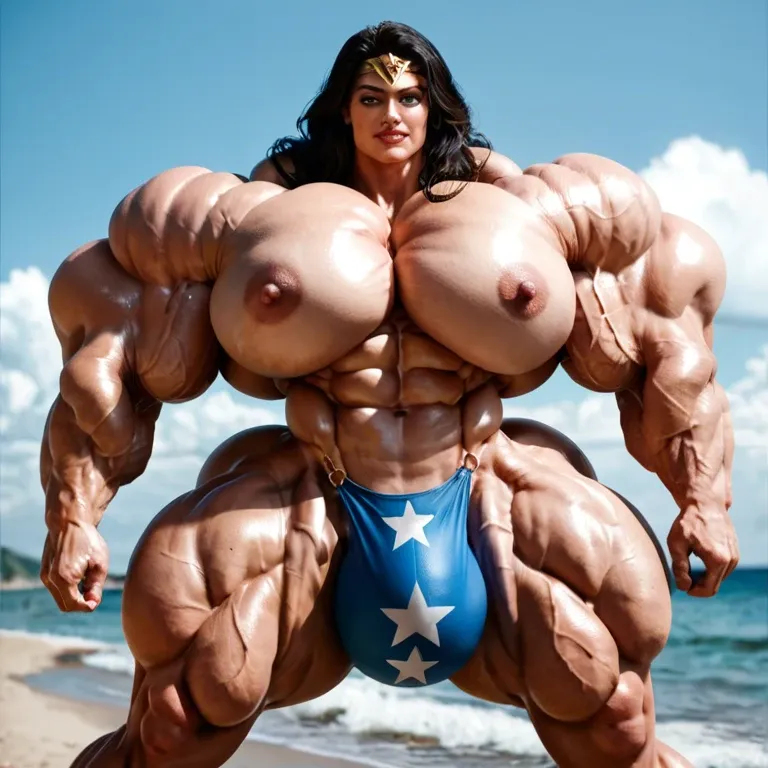 Wonder woman, hyper massive muscles female, hyper massive muscles buffet, hyper gigantic massive muscles mass, hyper giant muscles, hyper muscle tank, pectorales female, clitoris print in boxeur, bulge, beach