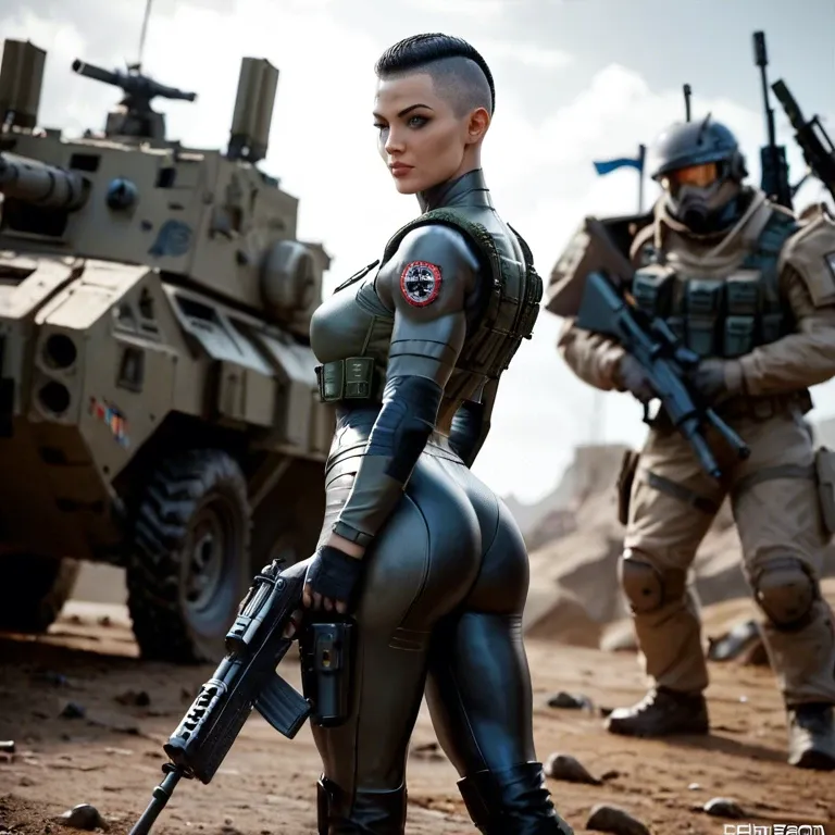 Dystopian scene of a futuristic female freedom fighter, half nude, combat armor, buzz cut military haircut,tight breasts,athletic,exposed buttocks,crossing a battlefield, she fires a heavy machine gun wildly,robots and mutants all around her, destroyed city in the background, photorealistic