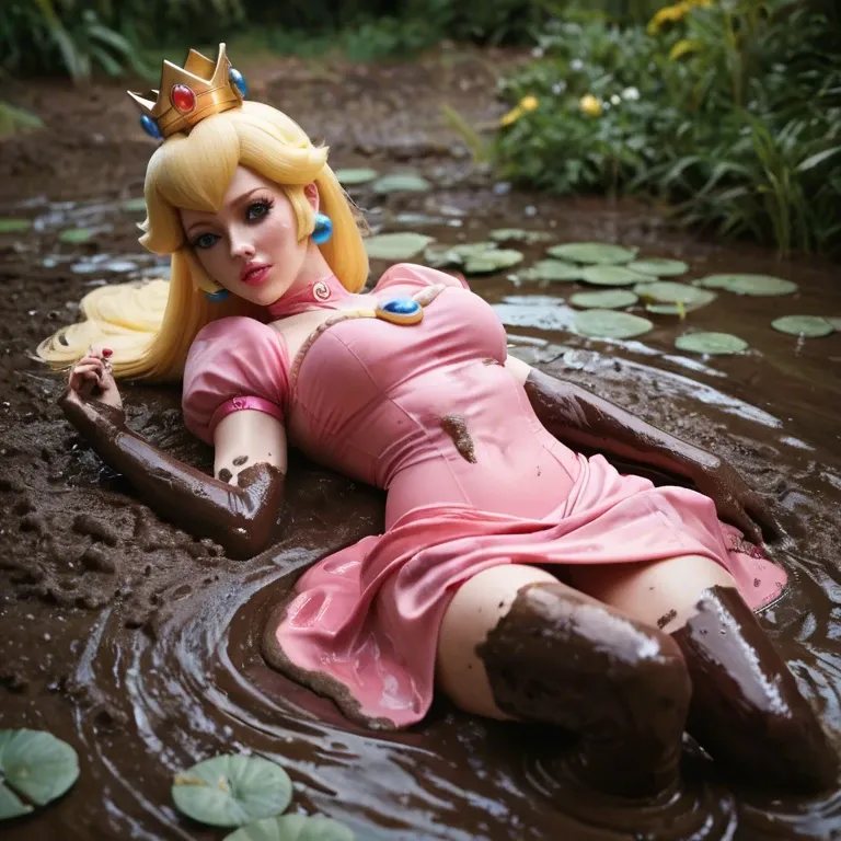 Princess peach lying seductively in mud, pink dress and crown