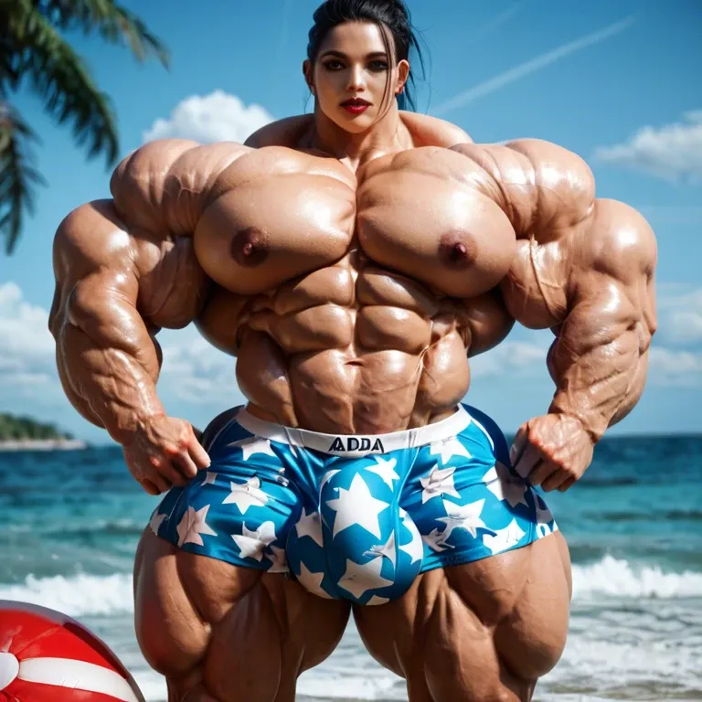 Ada Wang, hyper massive muscles female, hyper massive muscles buffet, hyper gigantic massive muscles mass, hyper giant muscles, hyper muscle tank, nude pectorales, penis print in boxer, futa bigger long cock bulge, beach