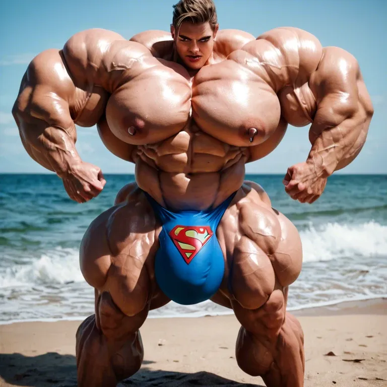 Supergirl, hyper massive muscles female, hyper massive muscles buffet, hyper gigantic massive muscles mass, hyper giant muscles, hyper muscle tank, pectorales female, penis print in boxeur, futa bigger long cock bulge, beach