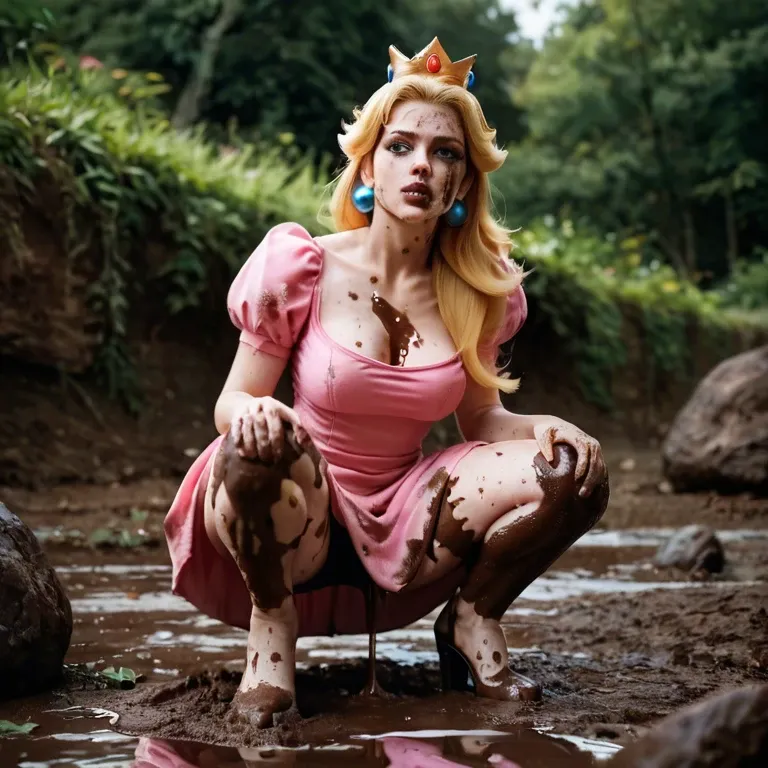 Dirty Princess peach squatting seductively in mud, pink dress and crown, covered in grime and brown liquid