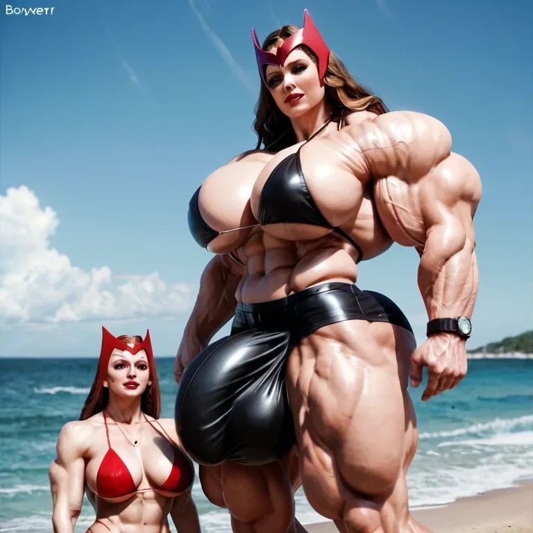 Scarlet Witch, hyper massive muscles female, hyper massive muscles buffet, hyper gigantic massive muscles mass, pectorales female, boxeur, futa bigger long cock bulge, beach