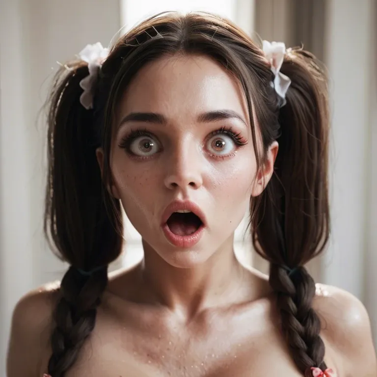 pigtails big eyes surprised nude chest girl mouth open