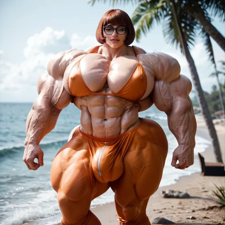 Velma, hyper massive muscles female, hyper massive muscles buffet, hyper gigantic massive muscles mass, hyper giant muscles, hyper muscle tank, pectorales female, penis print in boxeur, futa bigger long cock bulge, beach