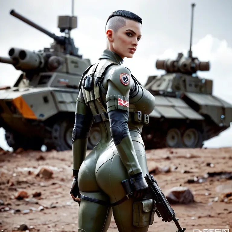 Dystopian scene of a futuristic female freedom fighter, half nude, combat armor, buzz cut military haircut,tight breasts,athletic,exposed buttocks,crossing a battlefield, she fires a heavy machine gun wildly,robots and mutants all around her, destroyed city in the background, photorealistic