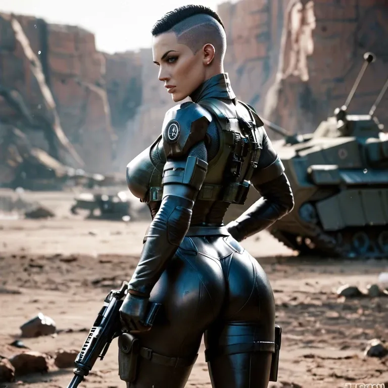 Dystopian scene of a futuristic female freedom fighter, half nude, combat armor, buzz cut military haircut,tight breasts,athletic,exposed buttocks,crossing a battlefield, she fires a heavy machine gun wildly,robots and mutants all around her, destroyed city in the background, photorealistic