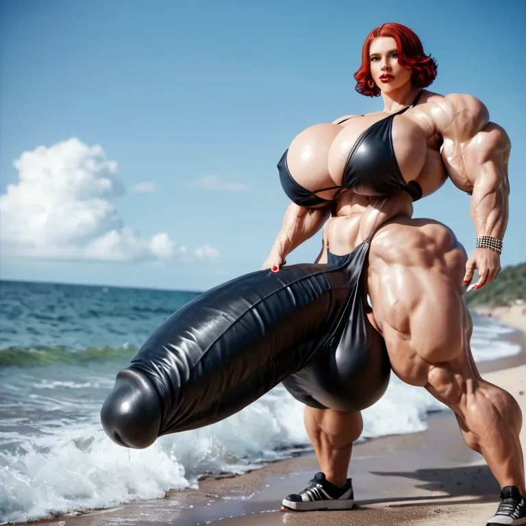 Scarlett Johansson black widow , hyper massive muscles female, hyper massive muscles buffet, hyper gigantic massive muscles mass, hyper giant muscles, pectorales female, penis print in boxeur, futa bigger long cock bulge, beach