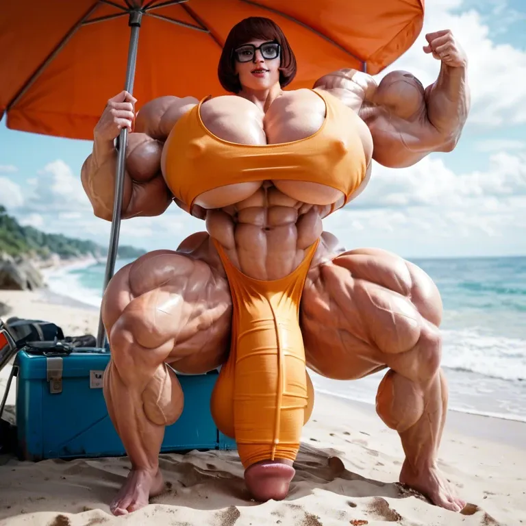 Velma, hyper massive muscles female, hyper massive muscles buffet, hyper gigantic massive muscles mass, pectorales female, penis print in boxeur, futa bigger long cock bulge, beach