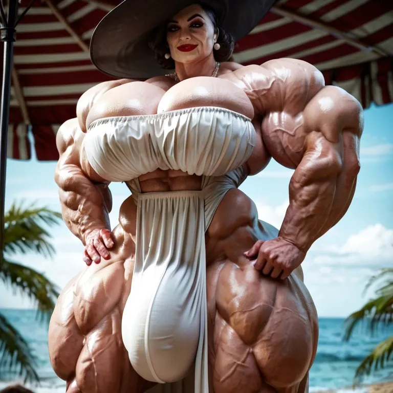 alcina dimitrescu, hyper massive muscles female, hyper massive muscles buffet, hyper gigantic massive muscles mass, hyper giant muscles, pectorales female, penis print in boxeur, futa bigger long cock bulge, beach