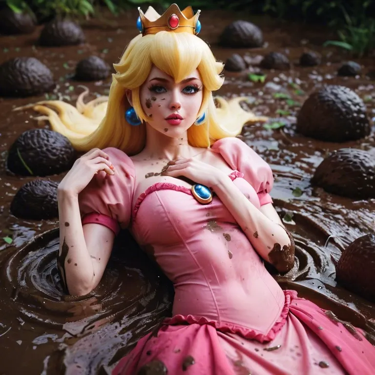 Princess peach lying seductively in pile of mud, pink dress and crown