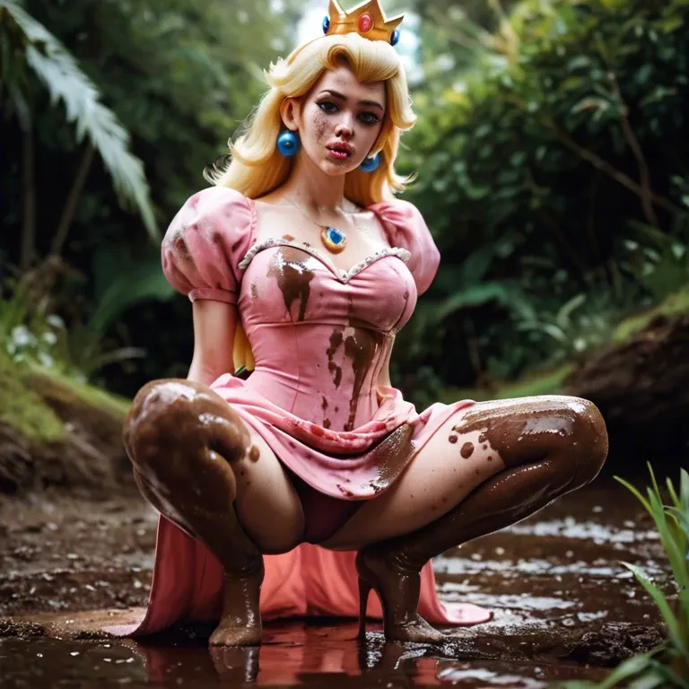 Dirty Princess peach squatting seductively in mud, pink dress and crown, covered in grime and brown liquid